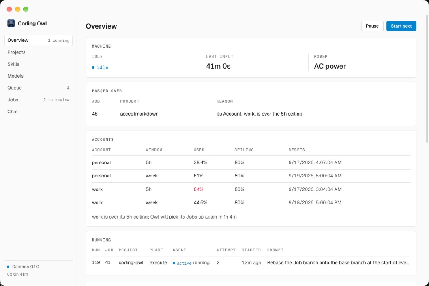 The Coding Owl desktop app: the overview, with the machine idle on AC power, one Account over its five-hour ceiling, and a Run in progress.
